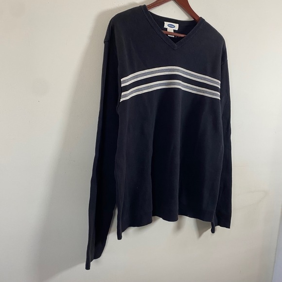 Old Navy Knit V-Neck Black Sweater White Gray Stripes Men's XL Cotton Grunge - Picture 3 of 6